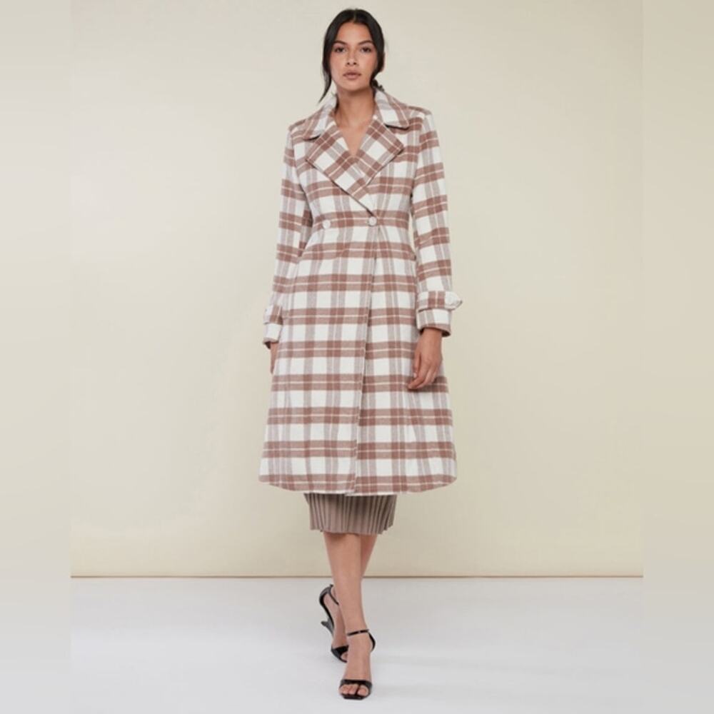 Rachel Parcell Coat Women's Medium Brown/White Plaid Belted Tailored Overcoat